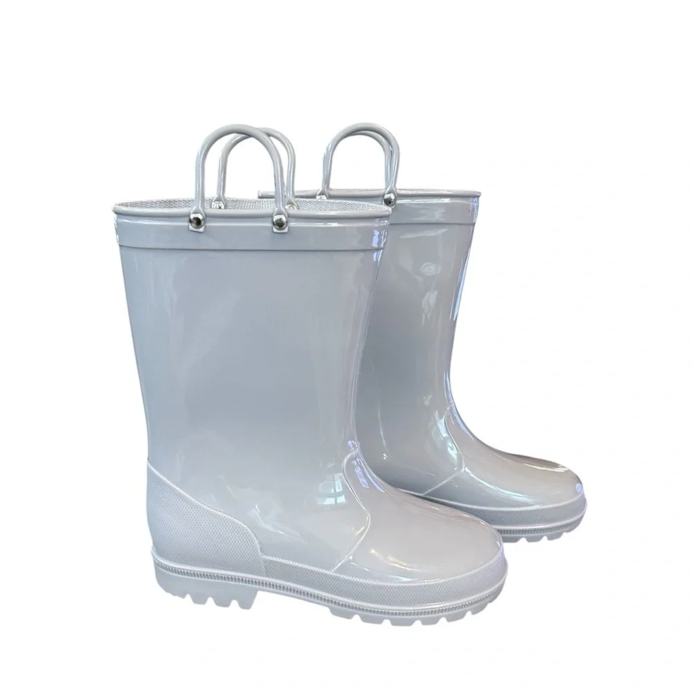 Glossy Gray Rain Boots with Pull Handles Size 2 Girls Like New